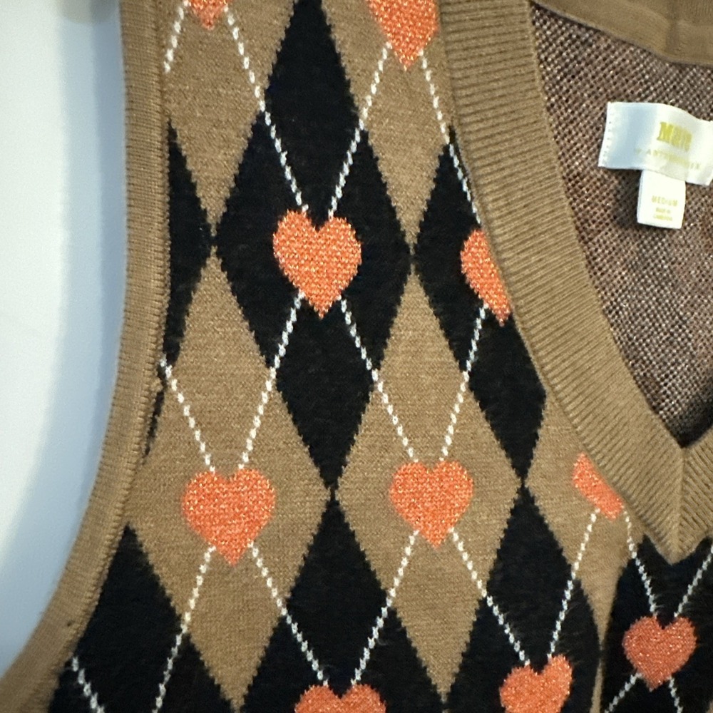 Maeve by Anthropologie Jacquard Sweater Vest Plaid Metallic Heart Size Medium - Picture 6 of 12